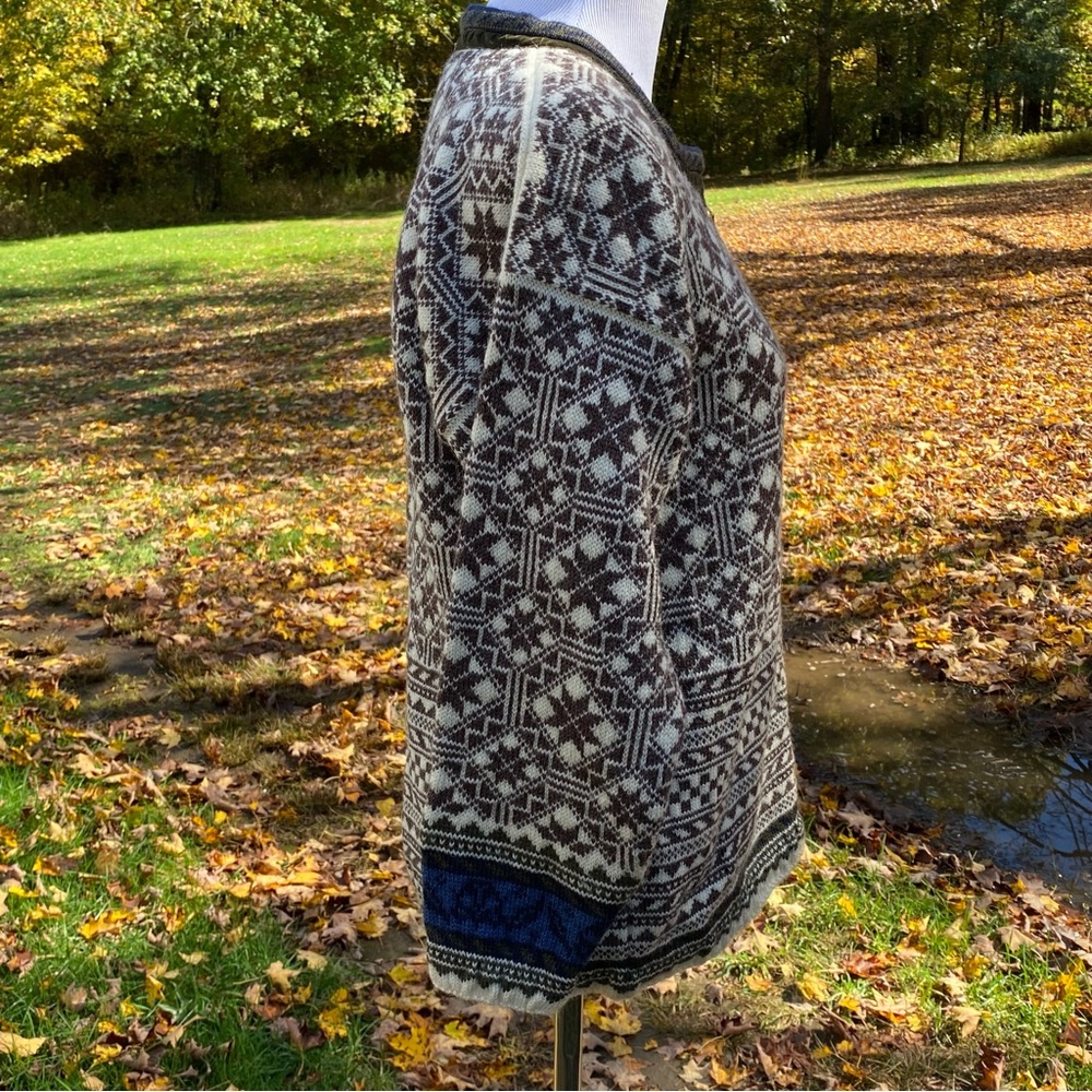 OLEANA NORWAY SWEATER CARDIGAN BROWN CREAM BLUE FAIR ISLE WOOL SQUARE NECK S - Picture 7 of 11